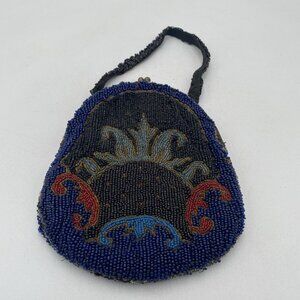 Antique Beaded Dresden Flapper Bag Art Deco Black Blue 1920's Handbag Purse